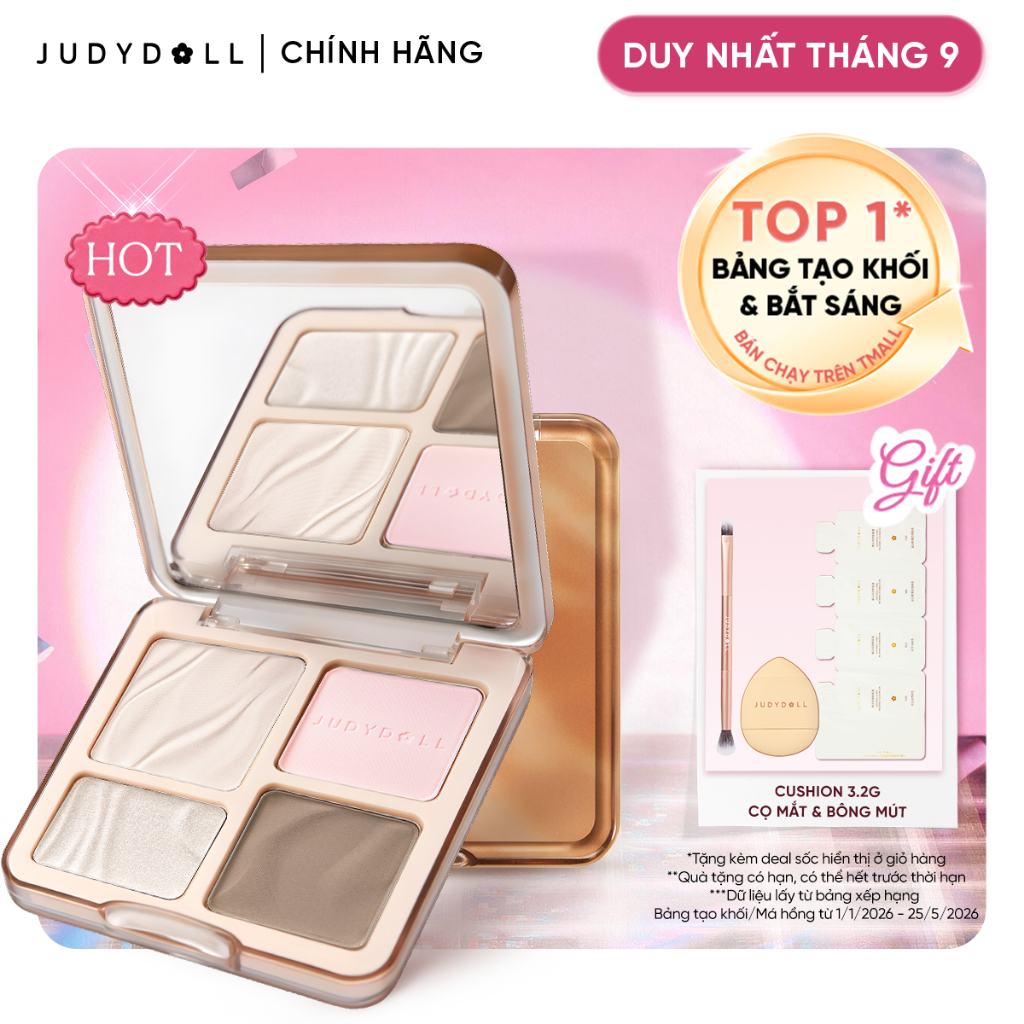 JUDYDOLL Phấn bắt sáng tạo khối 4 ô Highlight Contour Palette Tự nhiên Lâu trôi Chống nước 9g
