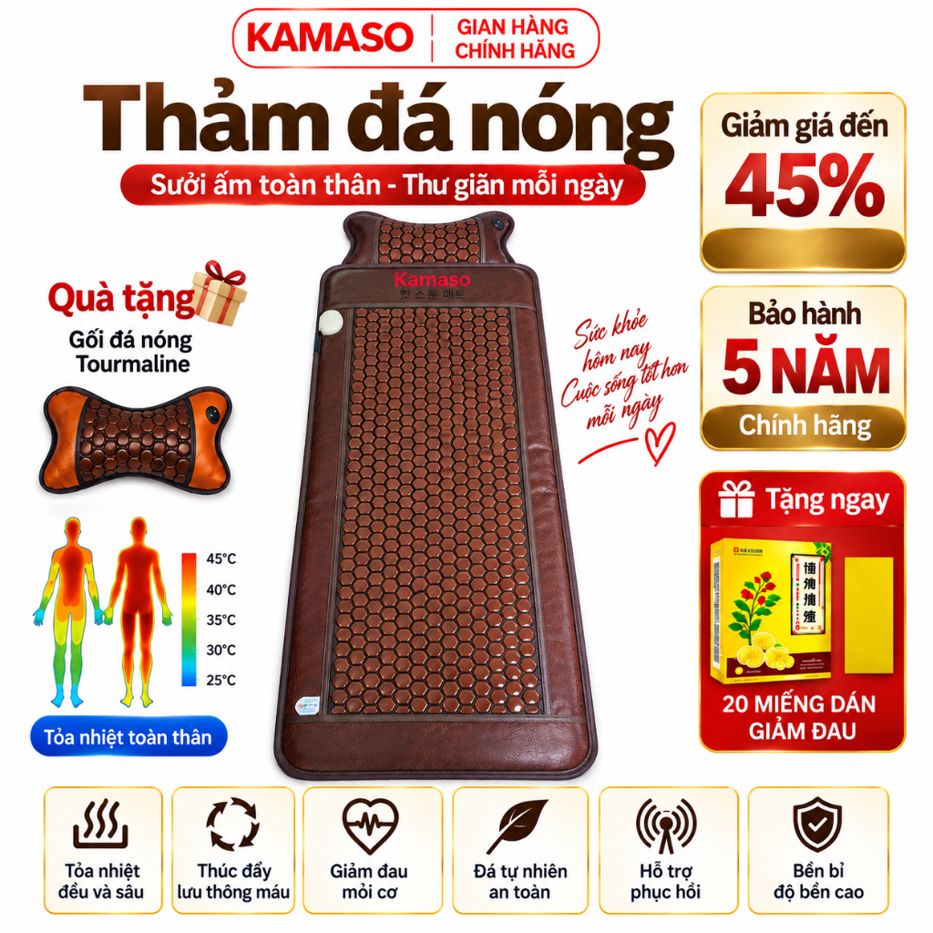 Thảm đá nóng cao cấp Kamaso 60x160cm Kèm Gối đá nóng cải tiến 2026 Bảo hành 5 năm toàn quốc