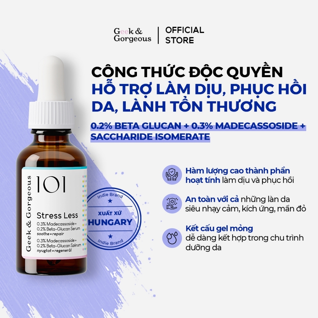 Tinh Chất Làm Dịu, Phục Hồi Da Toàn Diện Geek&Gorgeous Stress Less Chiết Xuất Yến Mạch, Rau Má 30ml