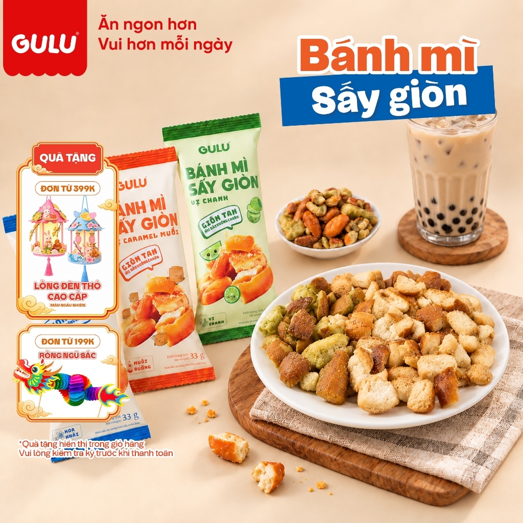 [Deal Mở Bán] Bánh Mì Sấy Giòn GULU Vị Caramel Muối, Vị Chanh, Vị Hoa Nhài Không Chiên Dầu Hộp 15 gói