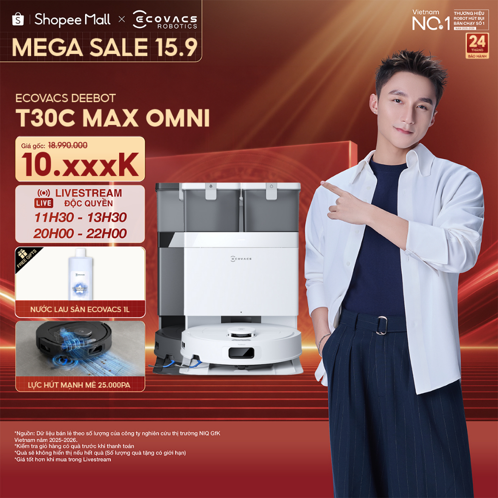 Ecovacs Deebot T30C Max Omni Robot hút bụi lau nhà | Lực hút 25000Pa | Chống rối ZeroTangle 3.0