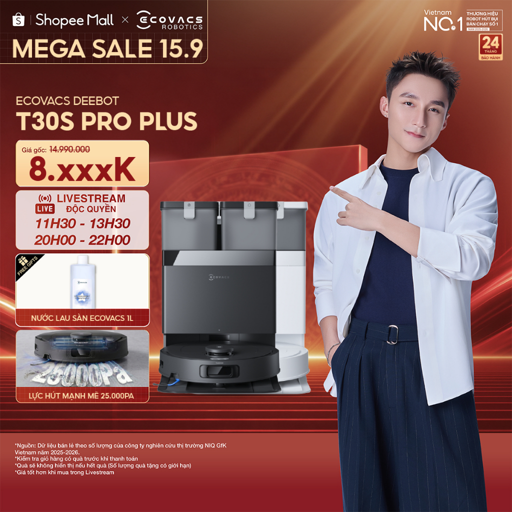 Ecovacs Deebot T30S Pro Plus Robot hút bụi lau nhà | Lực hút 25000Pa | Chống rối ZeroTangle 3.0 | Bảo hành 24 Tháng