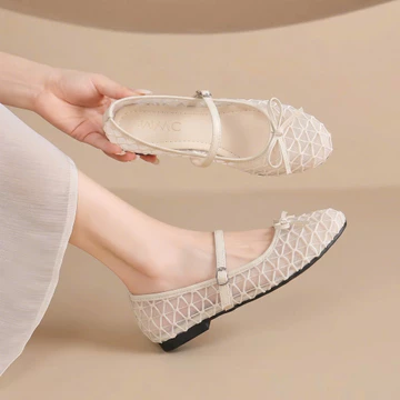Giày Búp Bê MWC 2380 - Giày Búp Bê Vải Lưới Phối Dây Ngang Đính Nơ Xinh Xắn Thời Trang