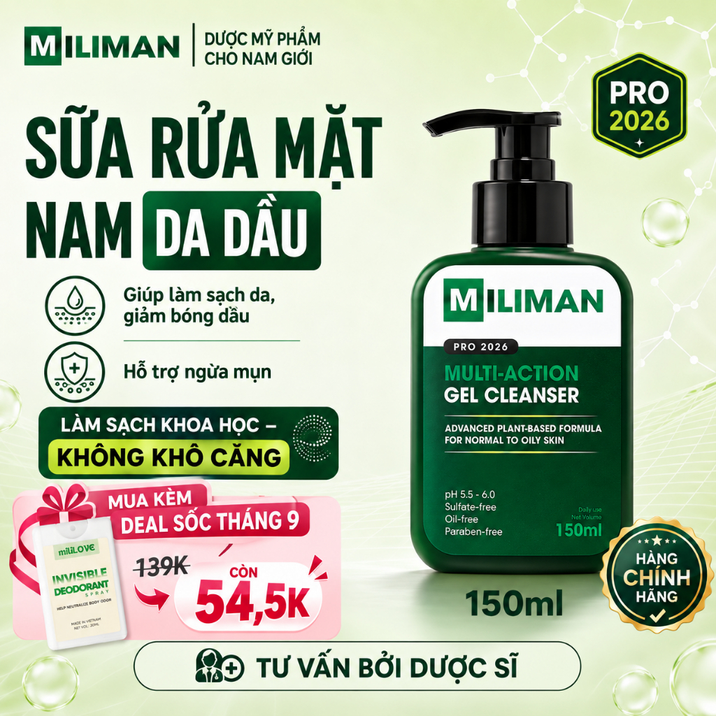 Sữa Rửa Mặt Cho Nam Da Dầu Mụn MILIMAN PRO 2026 150ML – Công Thức Gel Giúp Kiềm Dầu Ngừa Mụn