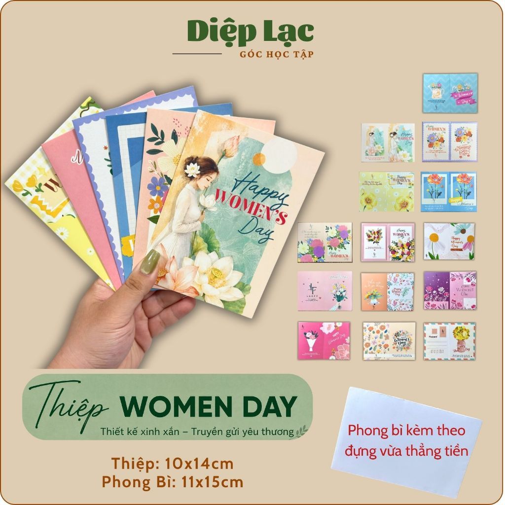 (10-50c)Thiệp chúc mừng women 20/10 ép nhũ, in 2 mặt, KÈM PHONG BÌ NHIỀU MẪU vpp Diệp Lạc