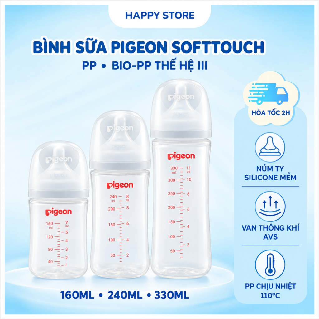 Bình sữa Pigeon SoftTouch PP, bình sữa cổ rộng 160ml 240ml 330ml, núm ti silicone van AVS không BPA