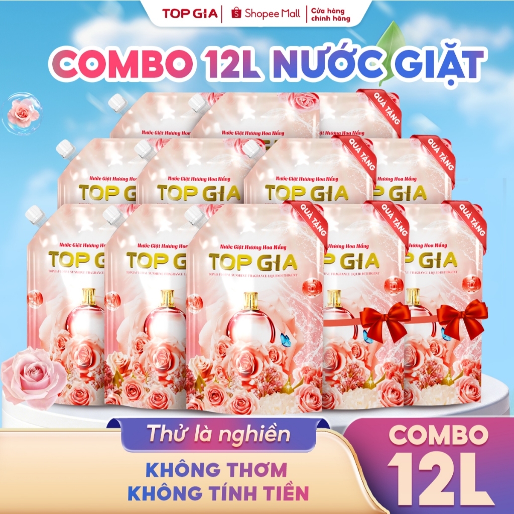 Combo 12L,10L Nước Giặt Xả TopGia Hương Hoa Nắng Túi 1L Sạch Sâu, Bền Màu, Lưu Hương 72H