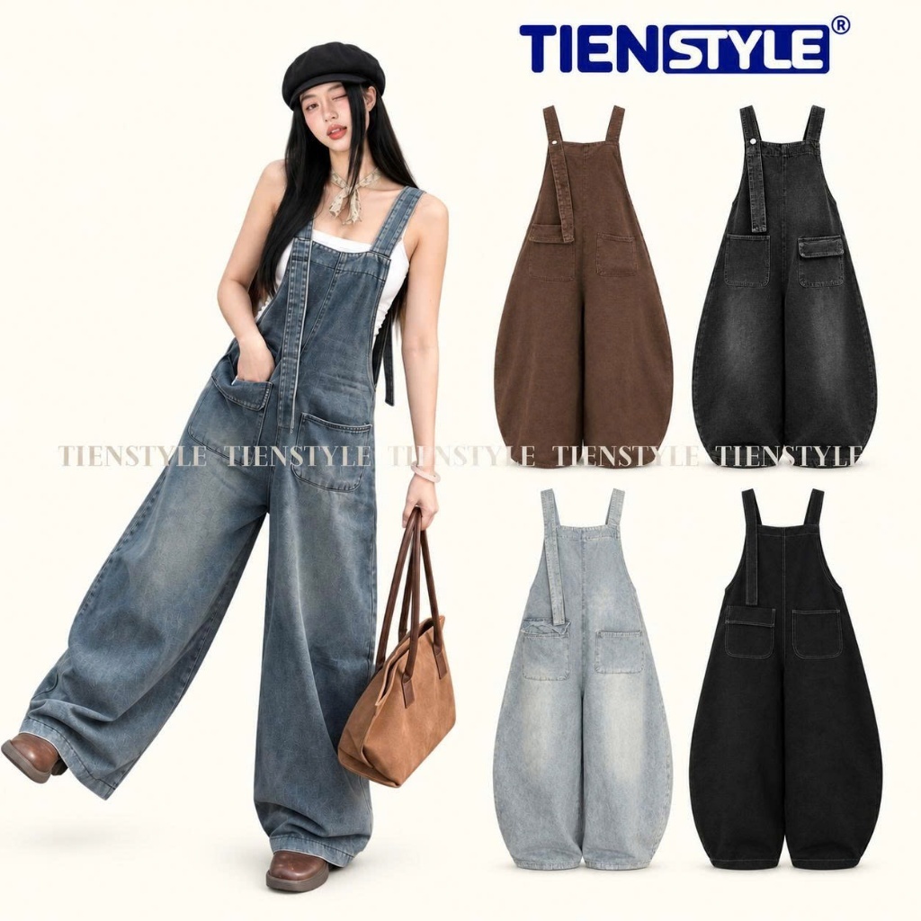 Quần Yếm Jean Dài Ống Cong Phom Thụng Hai Dây Chất Denim 4 Màu,Jum Hai Dây Cho Nữ Y2K