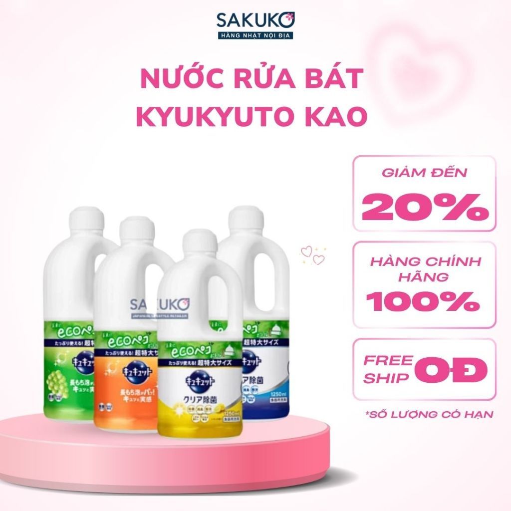 Nước Rửa Bát Kyukyuto Kao Nội Địa Nhật Đậm Đặc Rửa Chén Bát Sạch Diệt Khuẩn Chai 1250ml