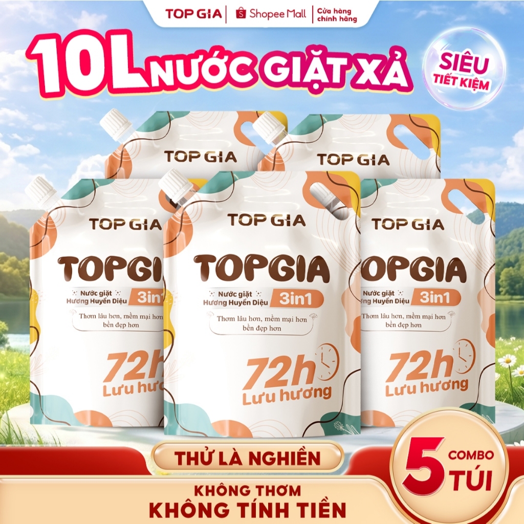 [COMBO 10L] Nước Giặt Xả TopGia Túi 2L, Hương Huyền Diệu, Sạch Sâu Bền Lâu, An Toàn Cho Da