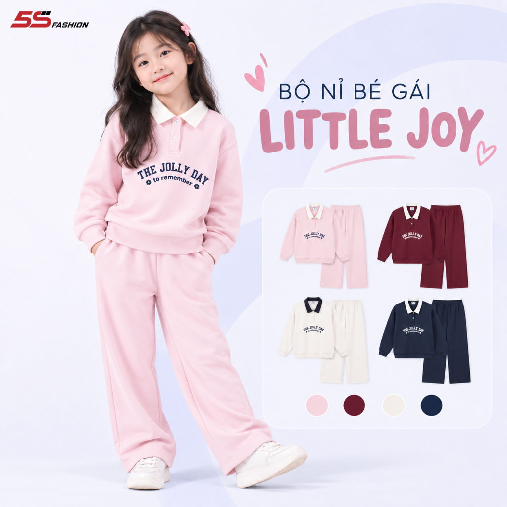 [GIÁ MỞ BÁN] Bộ Quần Áo Bé Gái 5S FASHION LITTLE JOY Cổ Polo, Chất Vải Mềm Ấm, Quần Suông Xinh Xắn G