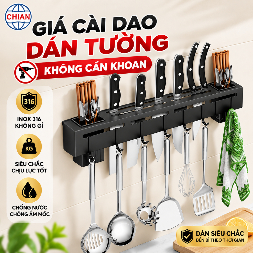 GIÁ CÀI DAO DÁN TƯỜNG THÉP 316 CAO CẤP CHỐNG RỈ - KHÔNG CẦN KHOAN, KÈM ỐNG ĐỰNG ĐŨA & MÓC TREO