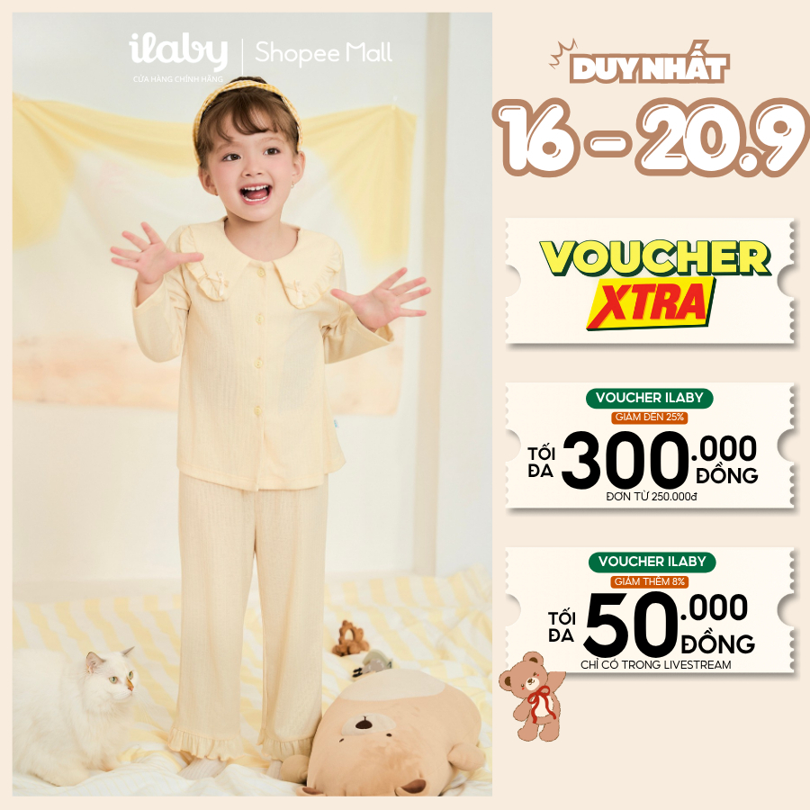 [GIÁ MỞ BÁN] Bộ đồ ngủ thu đông bé gái ILABY, set đồ mặc nhà cho bé gái cổ bèo cách điệu, vải gân mềm mịn [4217]
