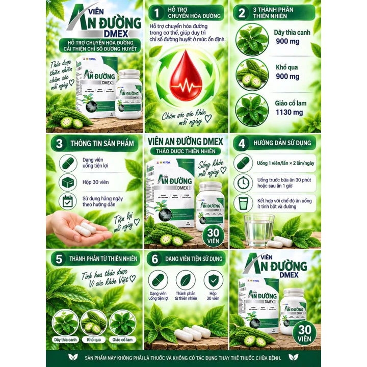 Viên An Đường DMEX 30 Viên – Dây Thìa Canh Khổ Qua Giảo Cổ Lam Hỗ Trợ Chuyển Hóa Đường