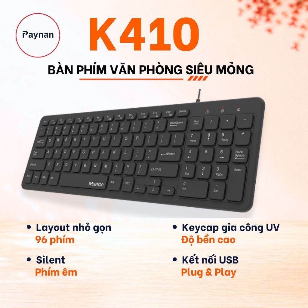 Bàn phím văn phòng chống ồn MeeTion K410 thiết kế mỏng gọn, keycap gia công UV độ bền cao
