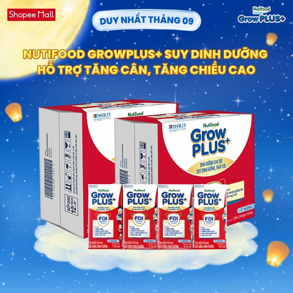 Thùng SBPS Nutifood GrowPLUS+ ít đường Suy Dinh Dưỡng - Tăng Cân, Tăng Chiều Cao (48 Hộp x 110ml) (Bao bì tùy lô hàng)