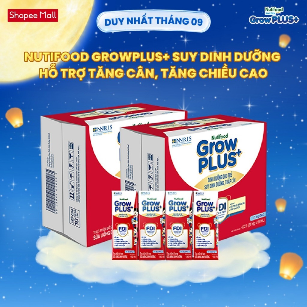 Thùng SBPS Nutifood GrowPLUS+ ít đường Suy Dinh Dưỡng - Tăng Cân, Tăng Chiều Cao (48 Hộp x 180ml) (Bao bì tùy lô hàng)