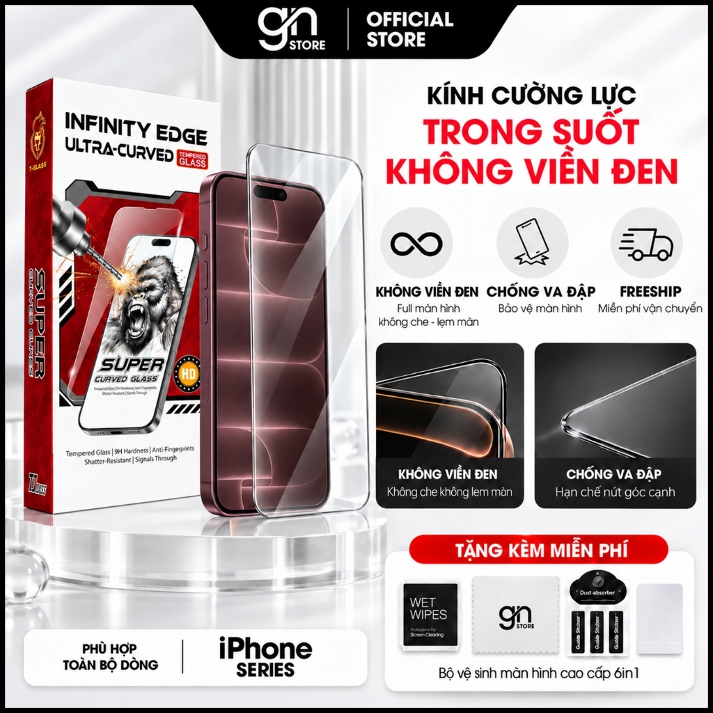 [𝐓𝟎𝟔] Kính cường lực không viền cho iPhone 18 Promax, 17 Promax 16/15/14/13/12/11 Pro/Plus/Promax full màn - GN STORE