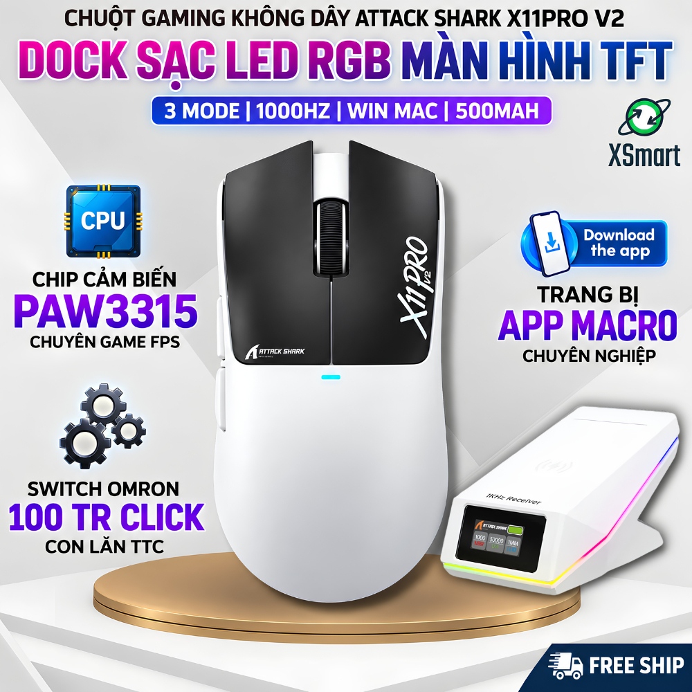 Chuột Không Dây Gaming Attack Shark X11Pro V2 Dock Sạc Led Màn Hình TFT, CHip PAW3315, 1KHz, 3 Mode