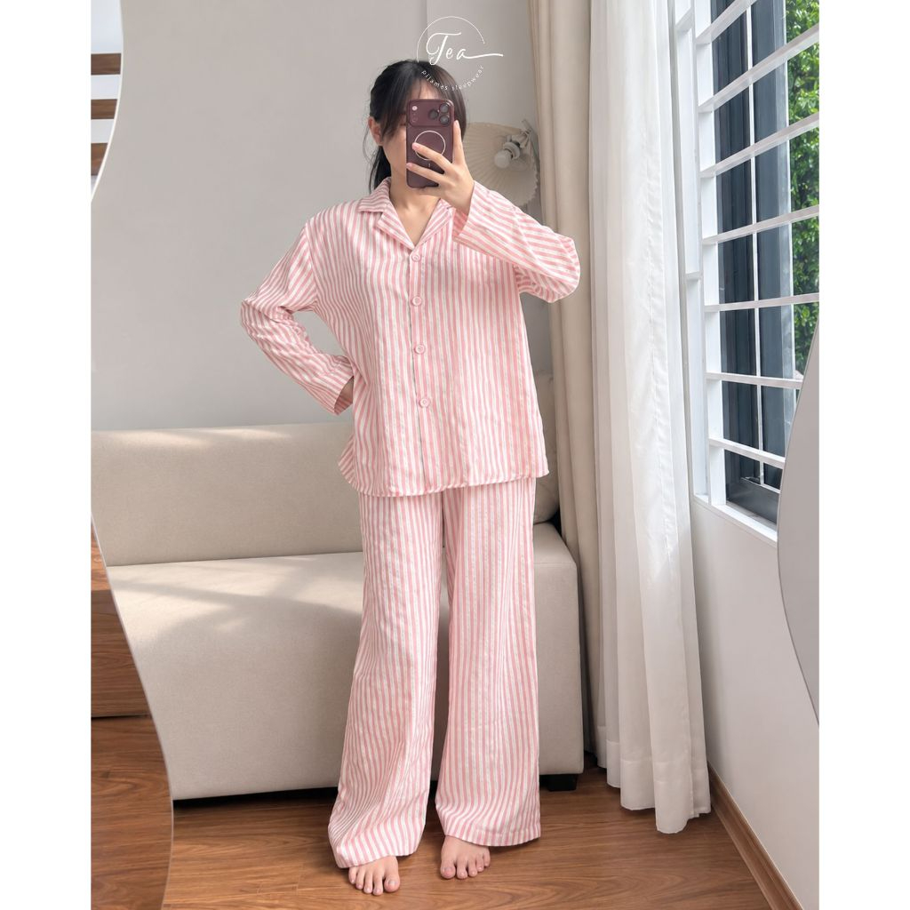 [FORM RỘNG] Bộ mặc nhà Pyjama chất thô TEA tay dài quần dài họa tiết kẻ sọc hồng DÀI FORM RỘNG