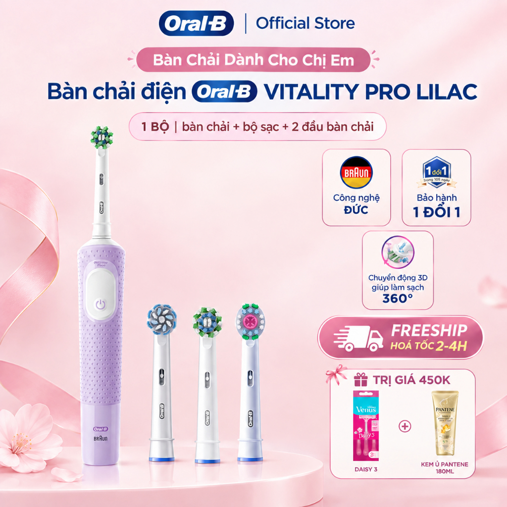 [HỎA TỐC 2H-4H] [MUA 1 TẶNG 2] Mua 1 Bàn Chải Điện ORAL-B Vitality Pro Lilac TẶNG Set 2 Đầu Bàn Chải
