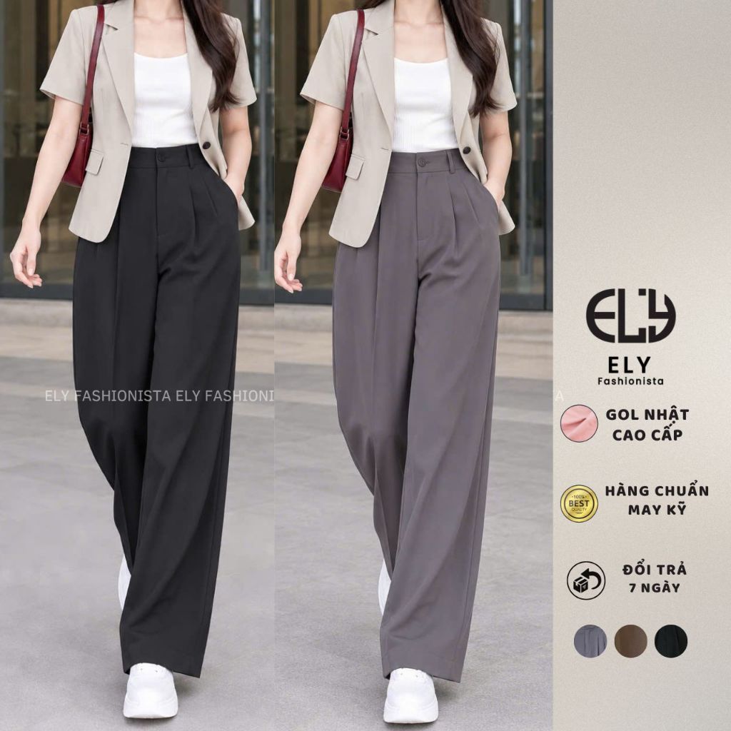 Quần ống rộng nữ dáng đứng suông dài culottes xếp ly lưng cạp cao vải chéo Ý cao cấp không nhăn ELY275