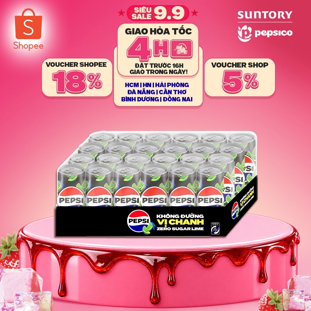 Thùng 24 Lon Nước Uống Có Gaz Pepsi Vị Chanh Không Calo, Không Đường (320ml/lon)