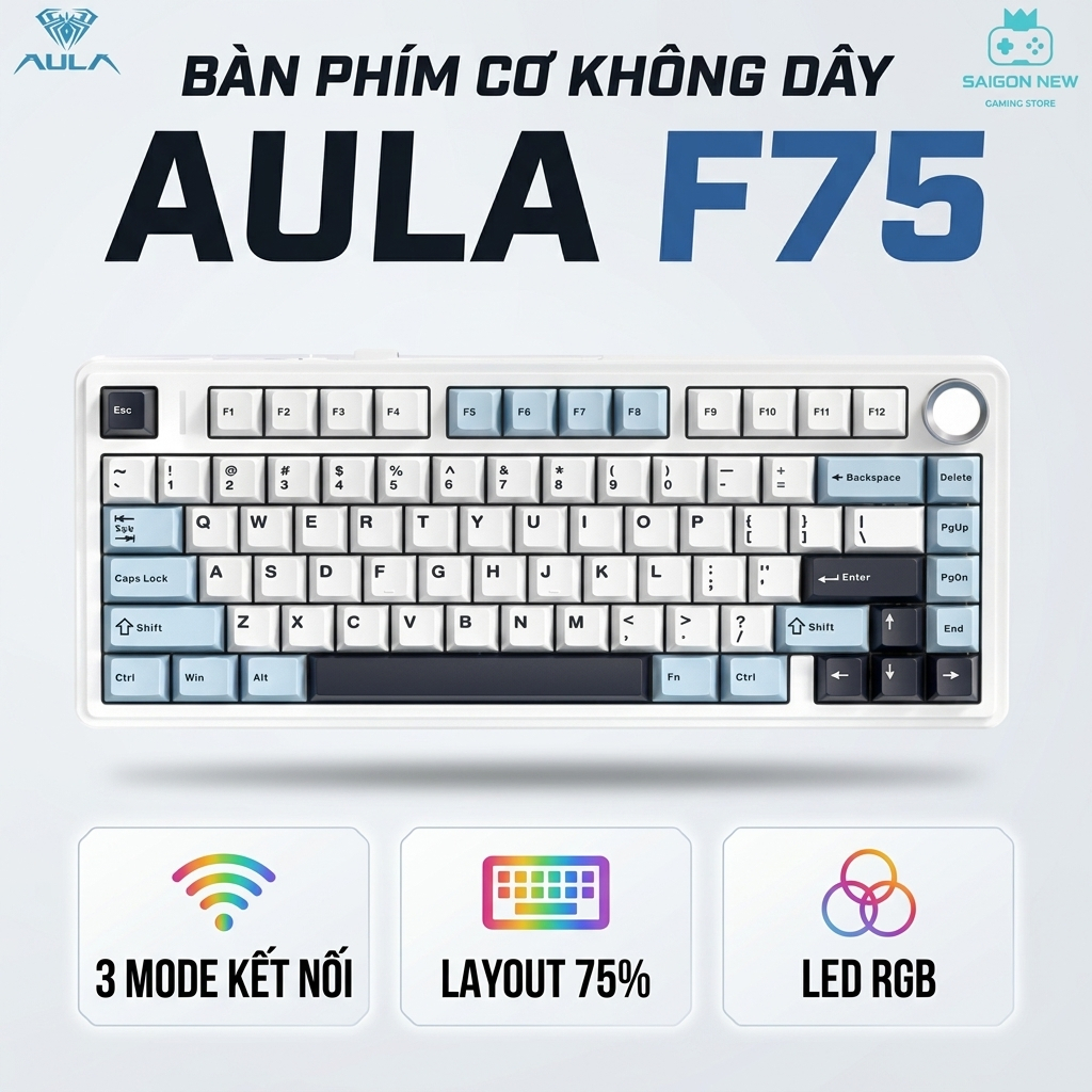 Bàn phím cơ Aula F75 tương thích PC,laptop,máy tính, kết nối không dây bluetooth -Hotswap 5pin- Led RGB có app tùy chỉnh