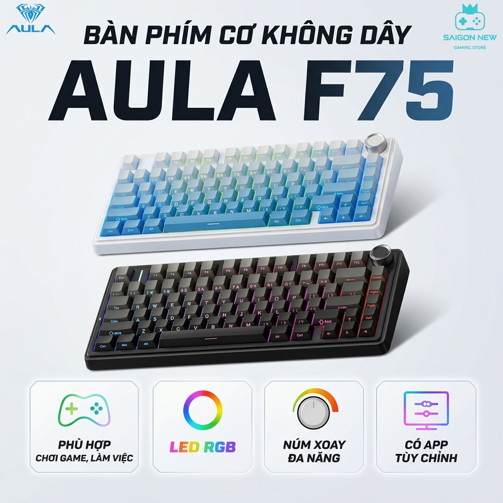 Bàn phím cơ không dây Aula F75 Pro - Kết nối bluetooth, Có núm xoay - Layout 75%, LED RGB - Dùng cho PC, laptop