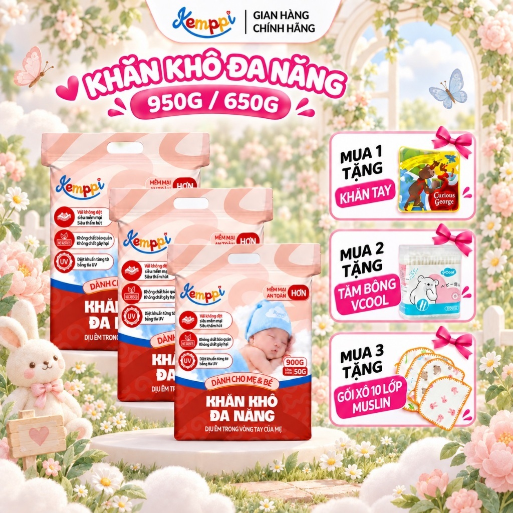 Combo 3 Túi Khăn Vải Khô Đa Năng Kemppi 950G Mặt Chấm Bi Dày Dặn Vải Không Dệt Dùng Cho Mẹ Và Bé 30% Viscose
