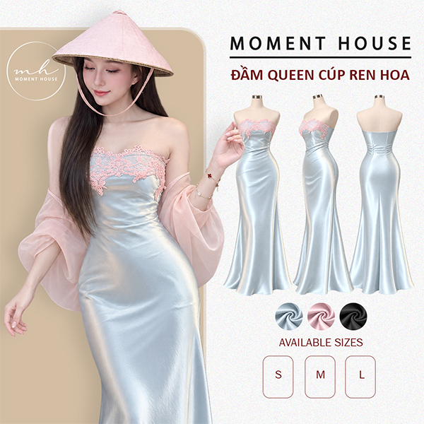ĐẦM CÚP V1-PHỐI REN HOA ( ĐẦM QUEEN - RH ), LỤA QUEEN, REN CAO CẤP