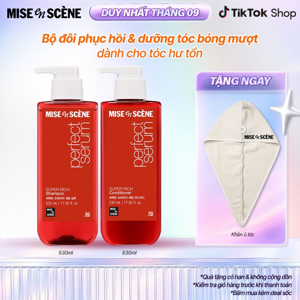 Bộ đôi Gội - Xả Mise En Scène Perfect Serum Super Rich 530ml dành cho tóc hư tổn do uốn, nhuộm