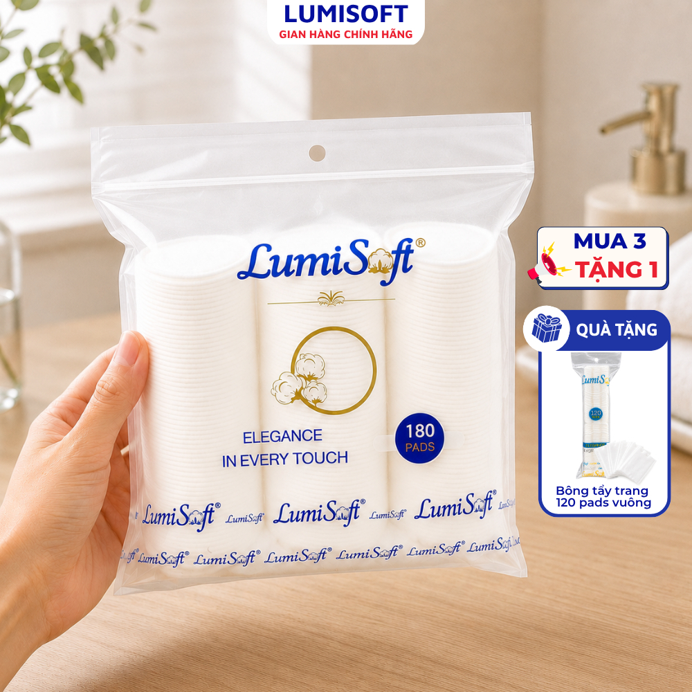 Bông tẩy trang Lumisoft 180 miếng tròn cotton 3 lớp dày dặn siêu mềm mịn không xơ bông làm sạch da