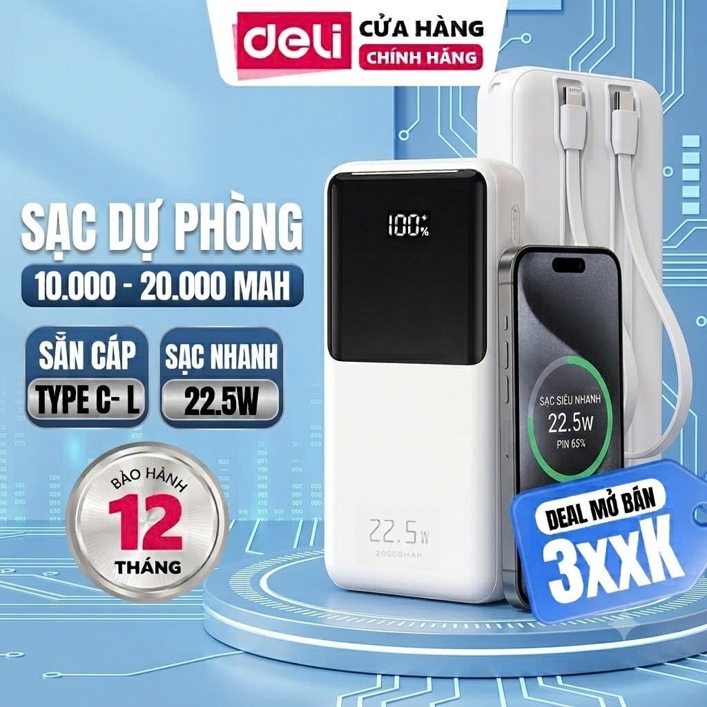 Sạc Dự Phòng 20000mAh/10000mAh DELI PD20W Sạc Nhanh 22.5W cho điện thoại Android cổng USB Type C