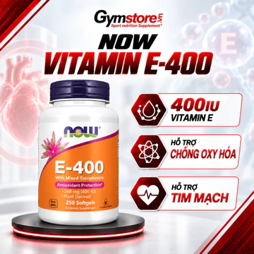 Viên uống Now Vitamin E-400, hỗ trợ chống lão hóa da, ngăn ngừa nếp nhăn, hỗ trợ tim mạch, thần kinh - Gymstore