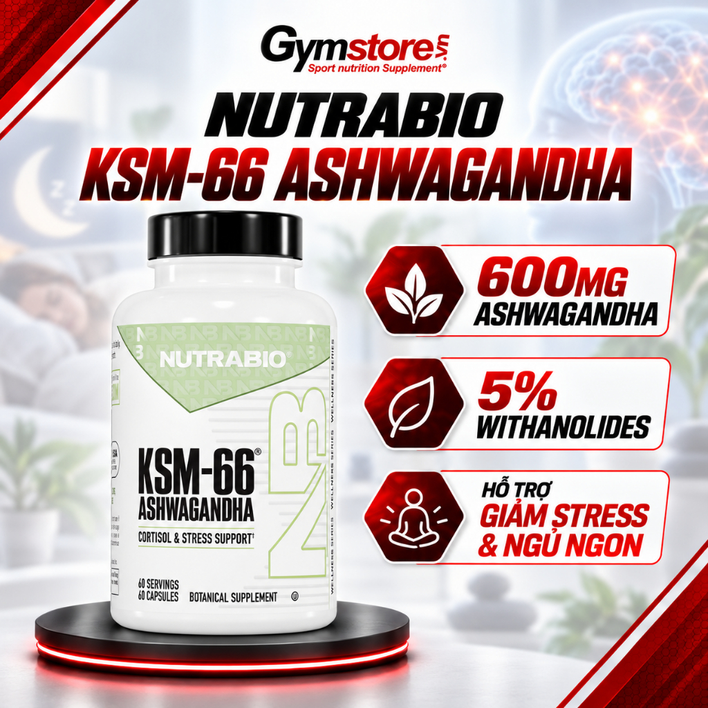 Viên uống NutraBio KSM-66 Ashwagandha, 60 viên, giảm stress, cải thiện giấc ngủ - Gymstore
