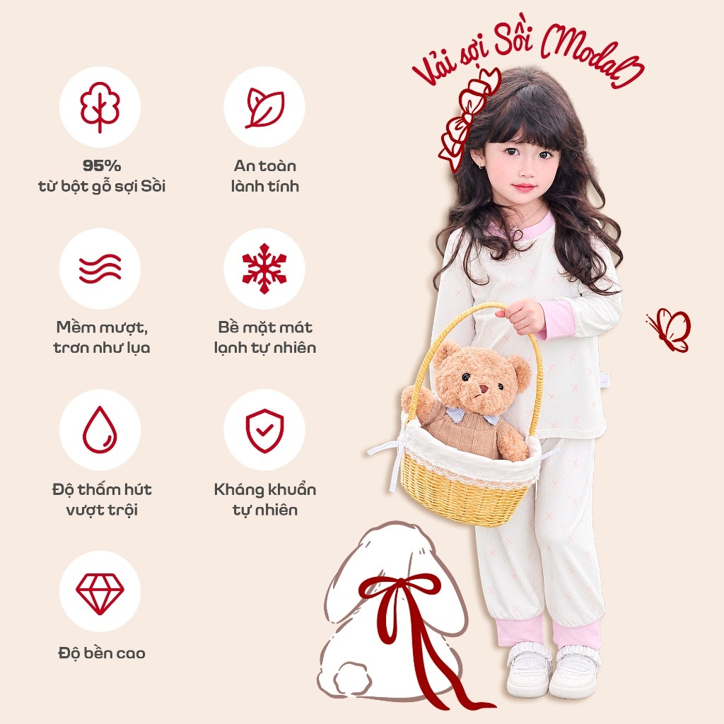 Đồ dài tay cho bé gái sợi Sồi Modal Lá Homewear M14, pijama cho bé bo chun mềm họa tiết nhí