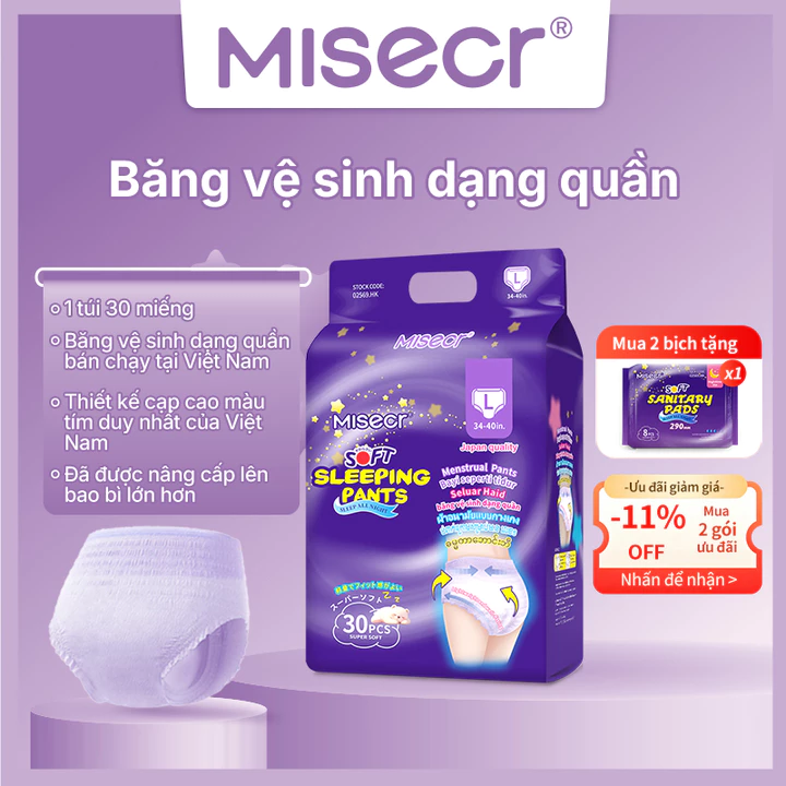 【Mua 2 tặng 1】Băng vệ sinh dạng quần Misecr, siêu mỏng, thoải mái, thấm hút tốt, 30 miếng/gói