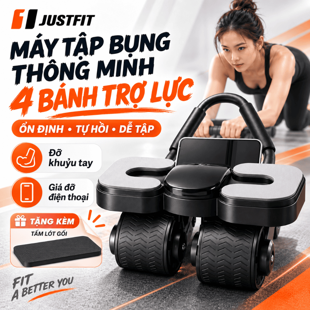 Máy Tập Bụng Thông Minh JUSTFIT Màn Hình LCD 4 Bánh, Lăn Êm Ổn Định, Giá Đỡ Điện Thoại