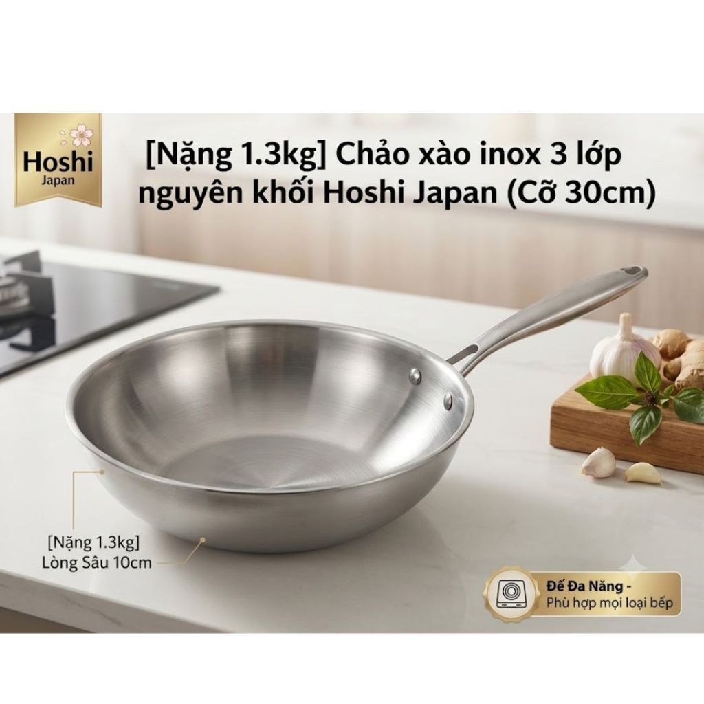 [Nặng 1.3kg ]Chảo xào inox 3 lớp nguyên khối Hoshi Japan Cỡ 30cm , Lòng Sâu 10cm