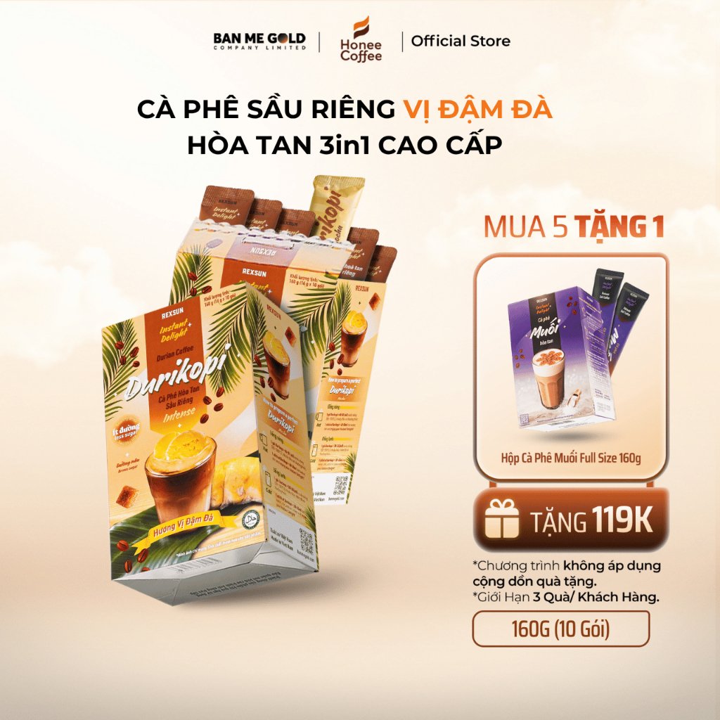 [MUA 5 TẶNG 1] Cà Phê Sầu Riêng  ĐẬM ĐÀ - Hộp 160g (10 gói) - Cafe 3in1 Hoà Tan Cao Cấp - Chính Hãng Ban Me Gold
