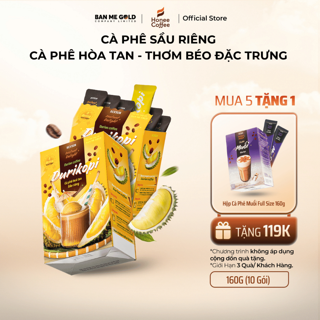 [MUA 5 TẶNG 1] Cà Phê Sầu Riêng Cappuccino Hòa Tan – Hộp 160gr (10 Gói) - Cafe Hòa Tan Durikopi Ban Me Gold