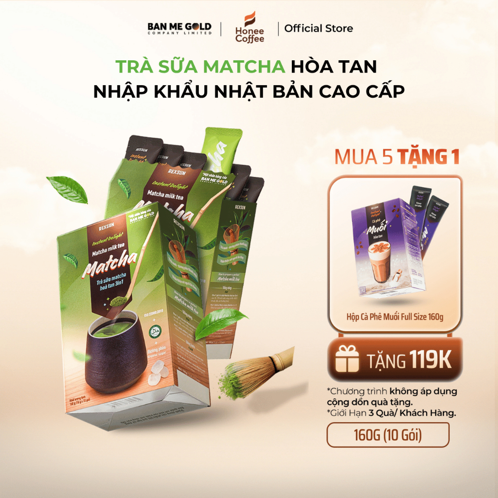 [MUA 5 TẶNG 1] Trà Sữa Matcha Hoà Tan - Hộp 160g (10 Gói) - Trà Sữa Trà Xanh Hòa Tan Nguyên Chất Ban Me Gold