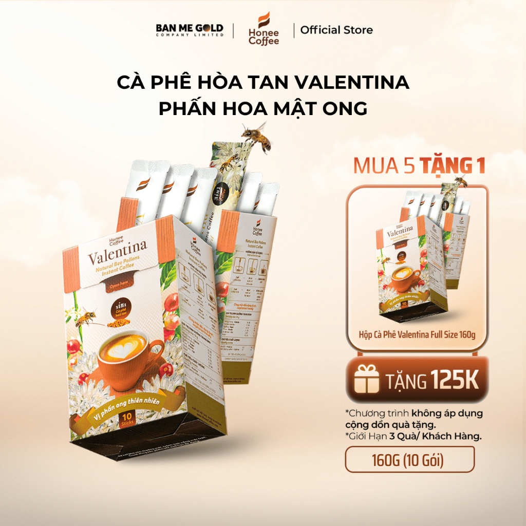 [MUA 5 TẶNG 1] Cà Phê Hoà Tan Valentina - 160gr (10 Gói) - Cafe Sữa Hòa Tan Phấn Hoa Mật Ong Ban Me Gold