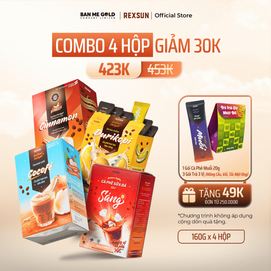[COMBO THỬ VỊ] 4 Hộp Cà Phê Hòa Tan Sữa Đá Truyền Thống / Sữa Dừa / Quế / Sầu Riêng - Cà Phê Gói Tiện Lợi Ban Me Gold