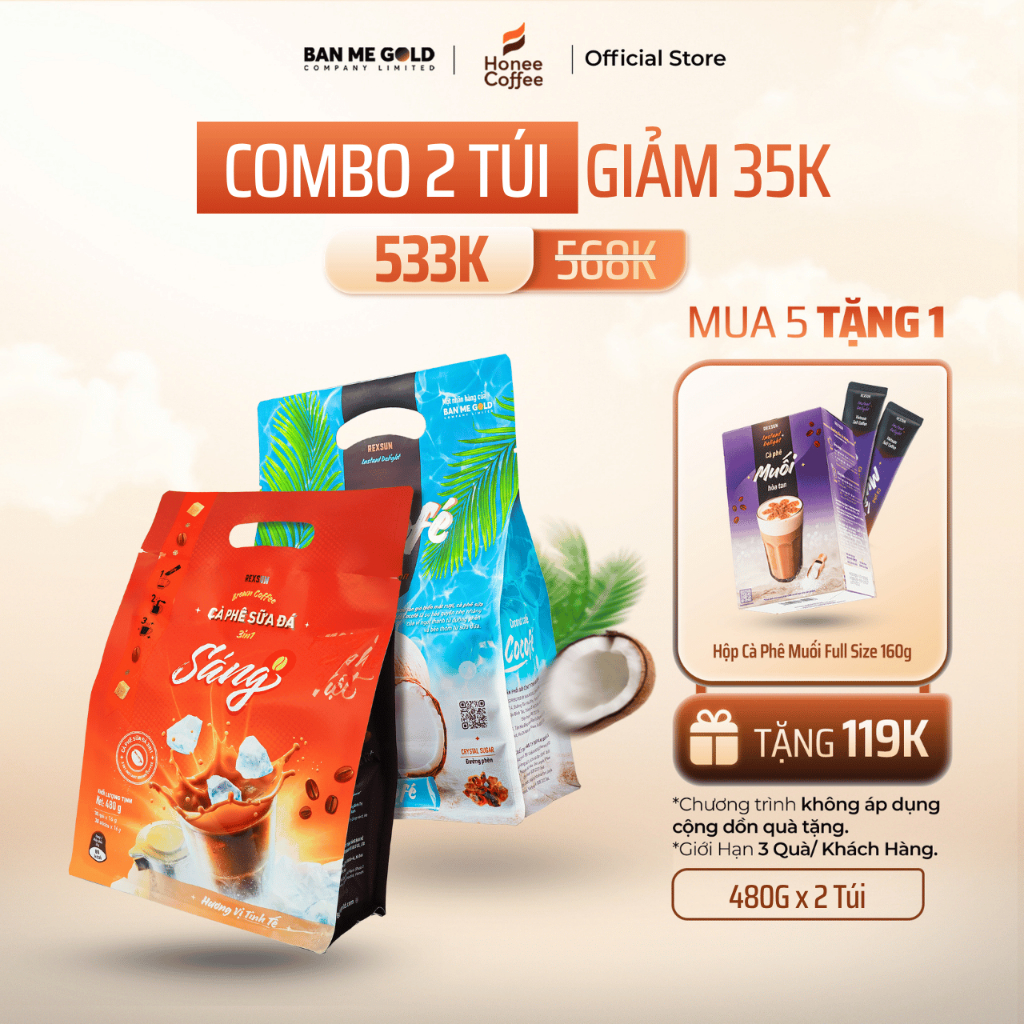 [COMBO] 2 Túi Cà Phê Hòa Tan Sữa Dừa Cocofe & Cafe Sữa Đá (2x480g) Cà Phê Gói Thơm Ngon - Ngọt Dịu Healthy Ban Me Gold