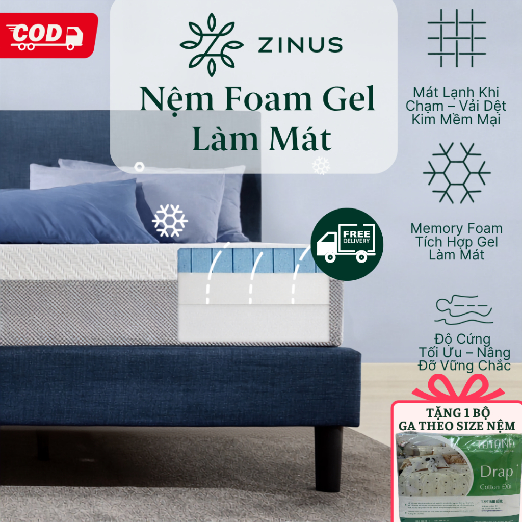 [TẶNG GA SIZE 1M8 & 1M6] Nệm Memory Foam Gel Mát 25cm Zinus - 10in Gel-Infused Foam Mattress