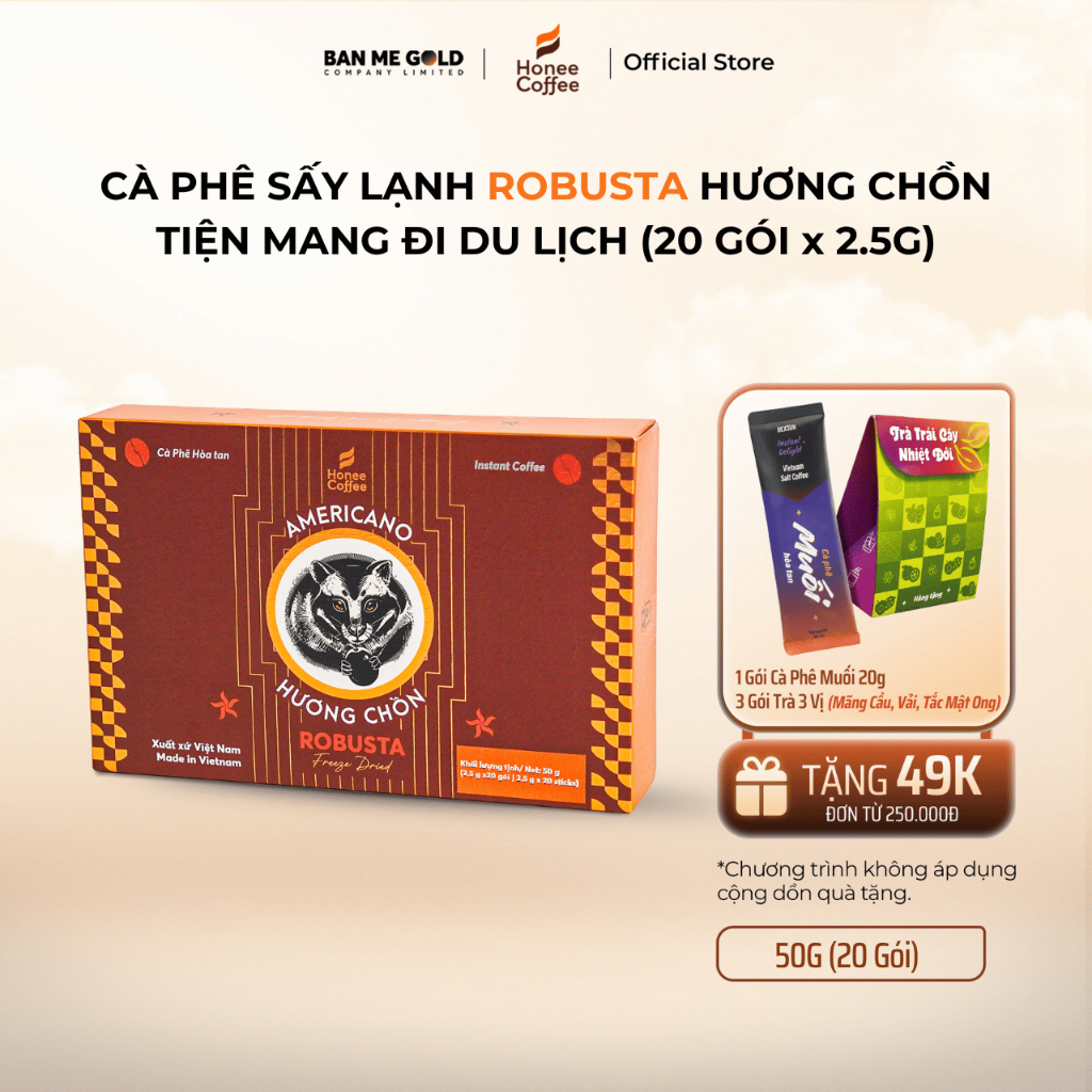 Cà Phê Sấy Lạnh Robusta - Cà Phê Hòa Tan Tiện Lợi Mang Đi Du Lịch - Hộp 50g (2.5x 20gói) - Pha Cà Phê Ủ Lạnh Ban Me Gold