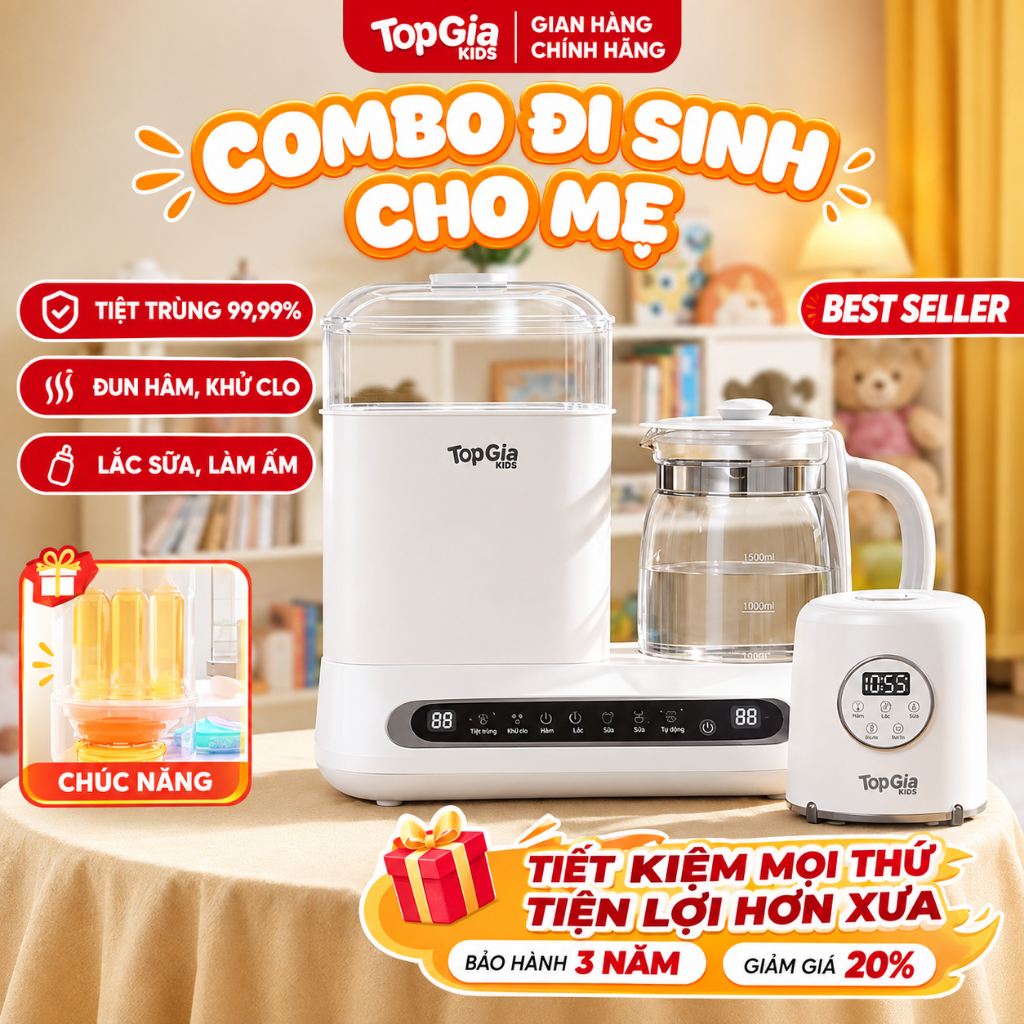 COMBO ĐI SINH MẸ & BÉ | Máy Đun Nước Hâm Sữa M1-01 + Máy Lắc Hâm Sữa T2-02 OMMA | Giữ Nhiệt 48H, 1300ml | BH 3 Năm