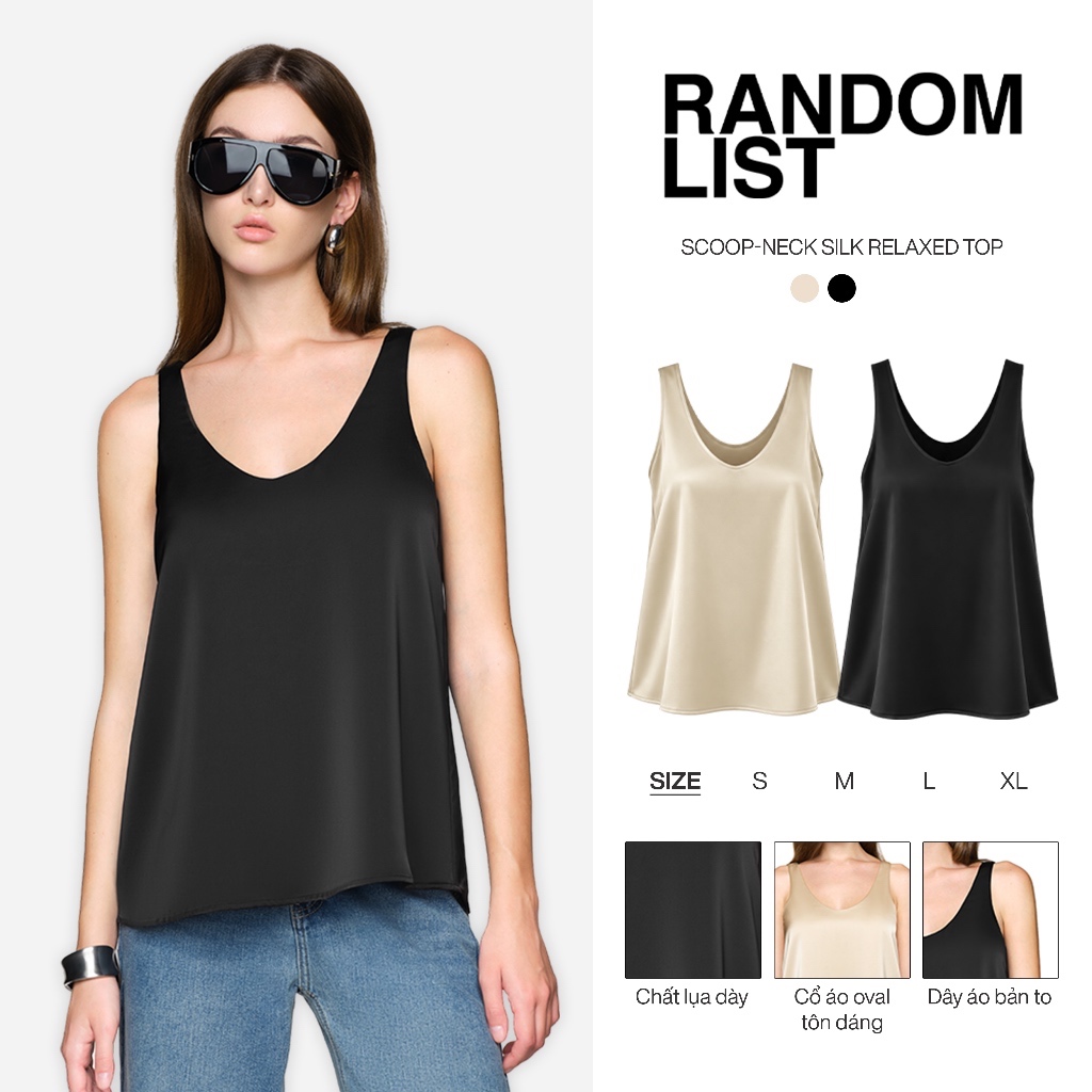 RANDOMLIST - Áo lụa hai dây bản to sát nách cổ oval dáng suông basic - Scoop Neck Silk Relaxed Top